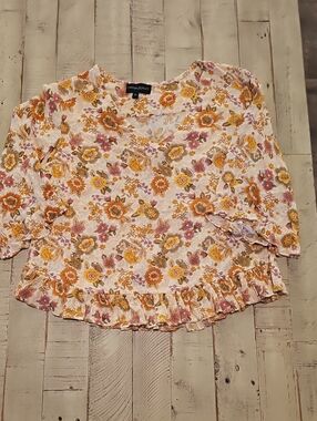 Cynthia Rowley Floral V-Neck Ruffle Hem Blouse - Cream, Mustard & Pink